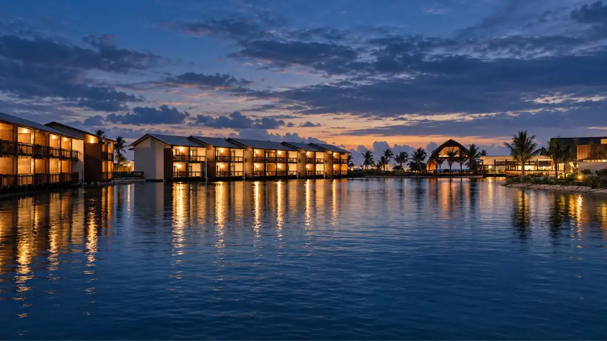 Waterfront resort buildings reflected in a lagoon at dusk in Fiji