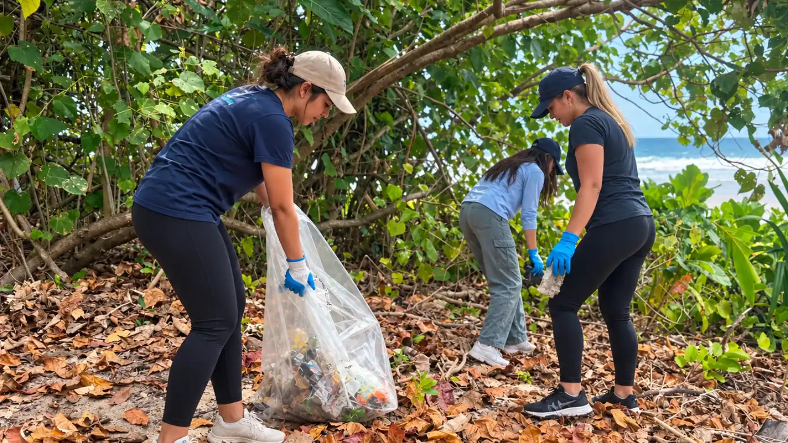 Volunteers collecting litter during a tropical coastal cleanup