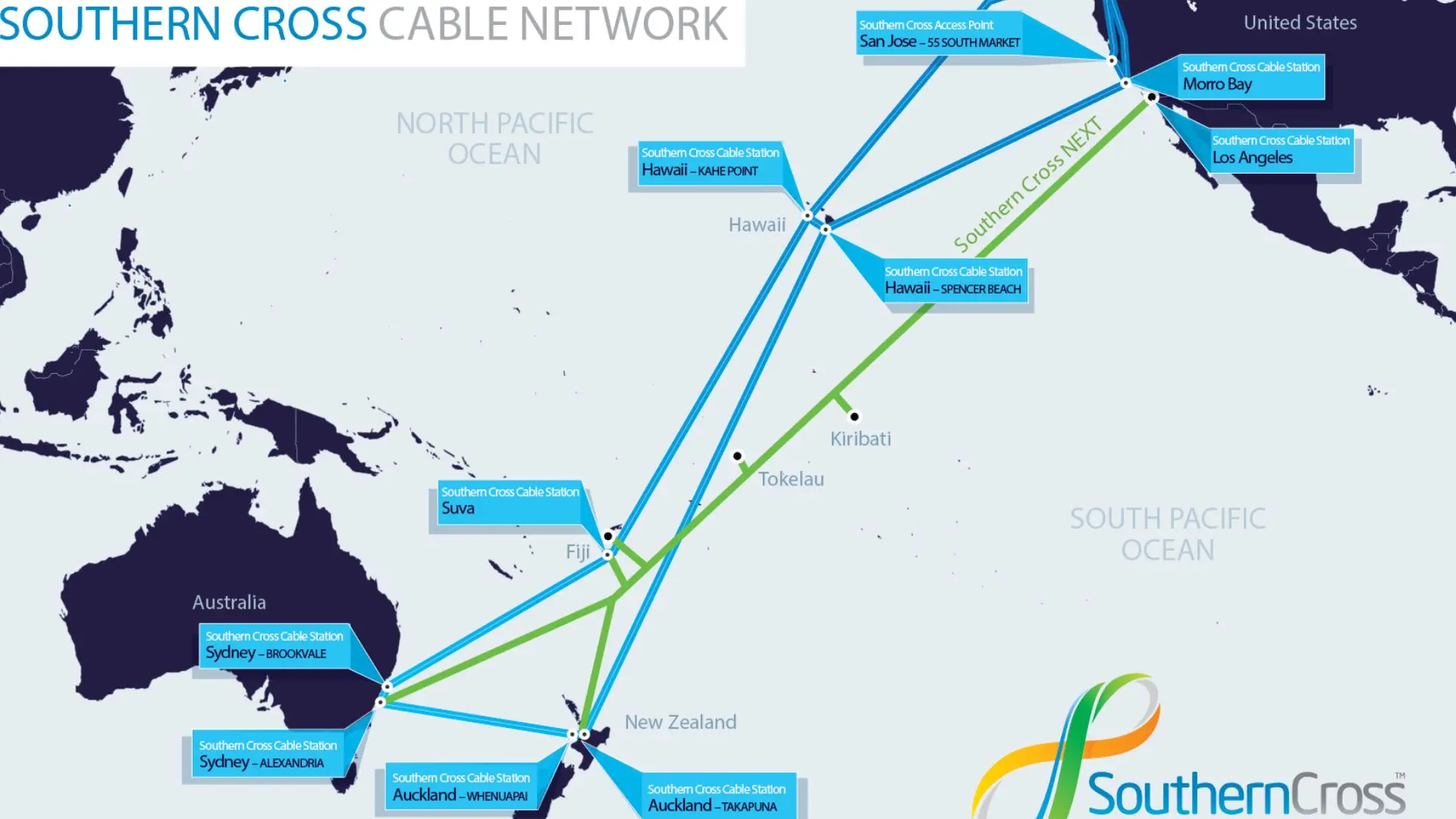 Map of Southern Cross NEXT submarine cable connecting Fiji to Australia, New Zealand, and the United States