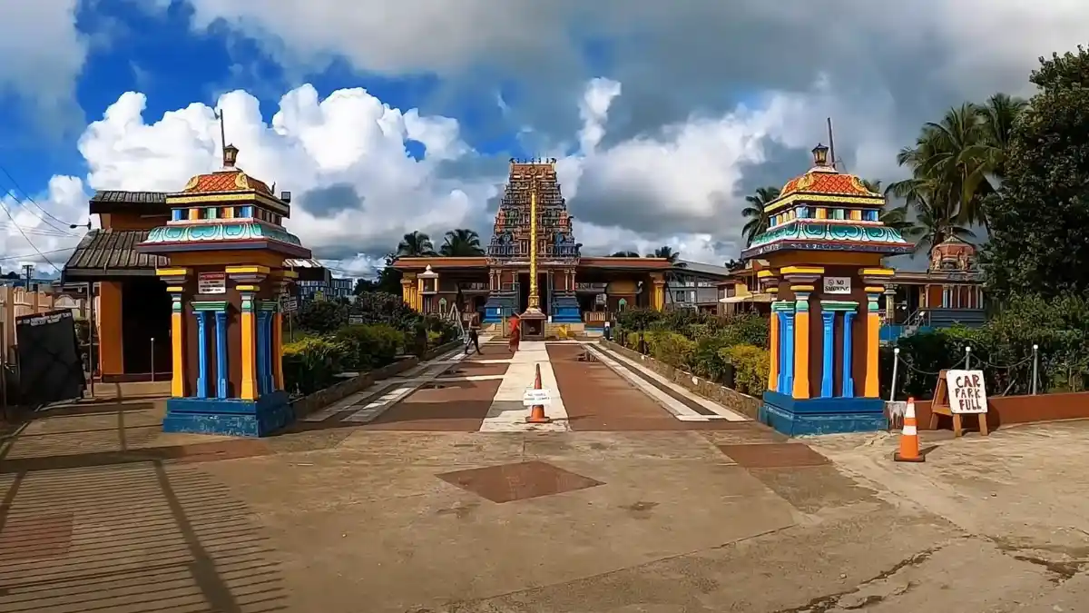Sri Siva Subramaniya Temple in Nadi, Fiji, with vibrant Hindu architecture and colorful sculptures