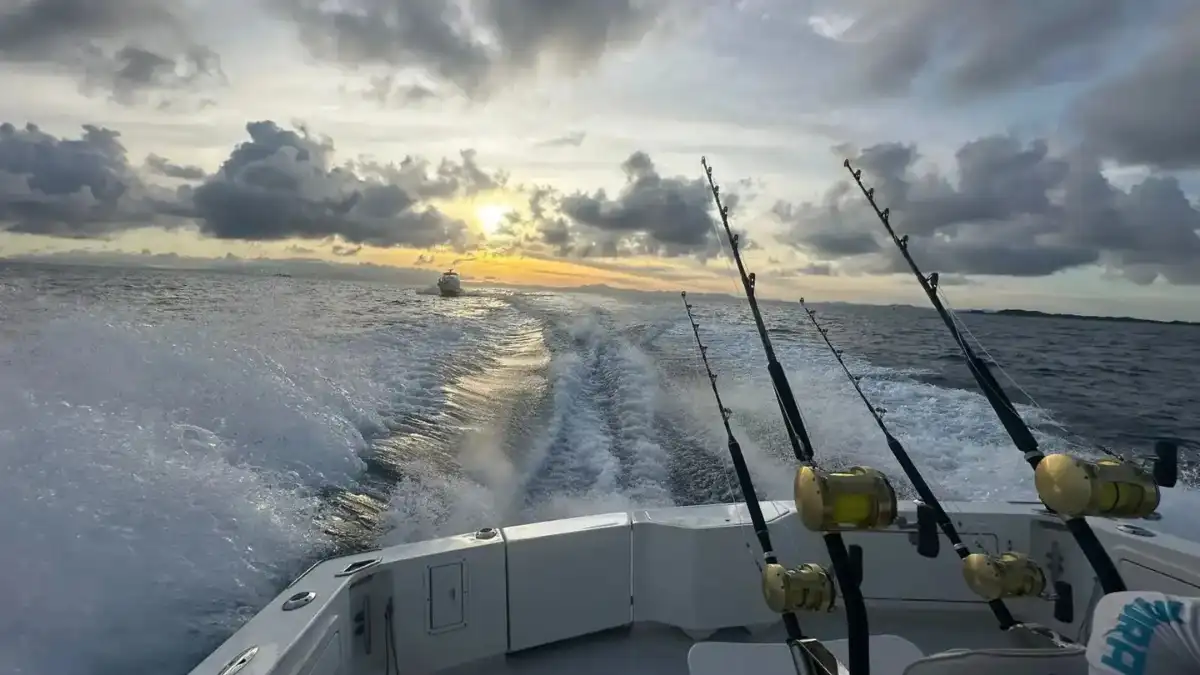 Fishing rods and reels at the stern of a motorboat, with its wake and another boat beneath a cloudy sky