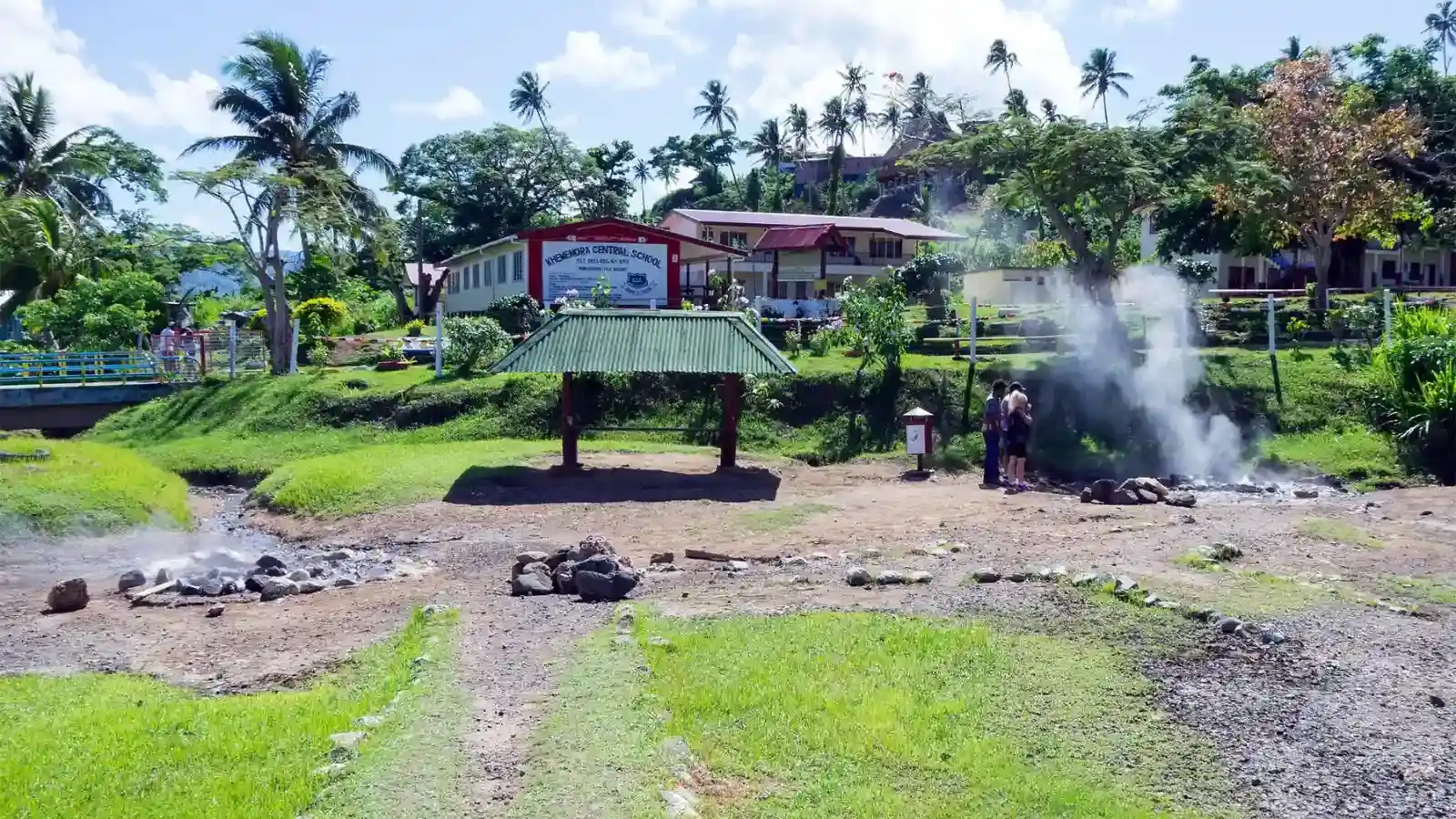 Steam rising from the Nakama Hot Springs beside Khemendra Central School in Savusavu, Fiji