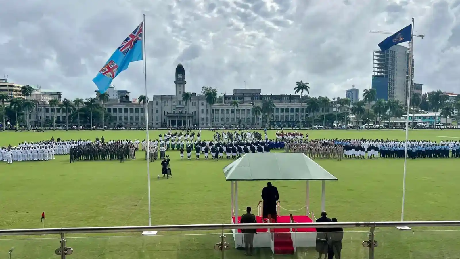 Intense rugby match at Albert Park Suva with players in action and enthusiastic Fijian crowd cheering, showcasing Fiji's national sporting passion