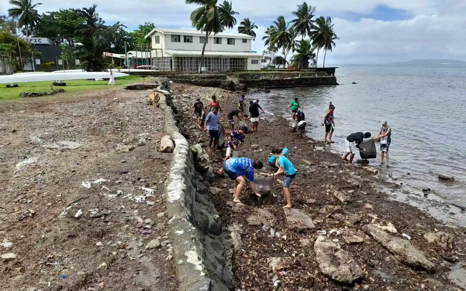 Volunteers cleaning litter from a beach near Nadi, Fiji