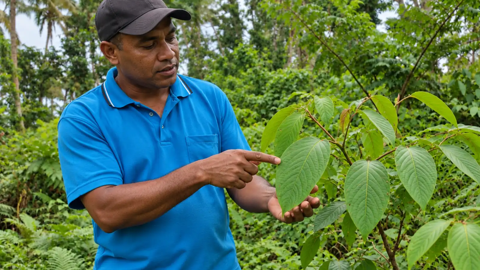 Guide pointing to a tropical plant during a nature walk