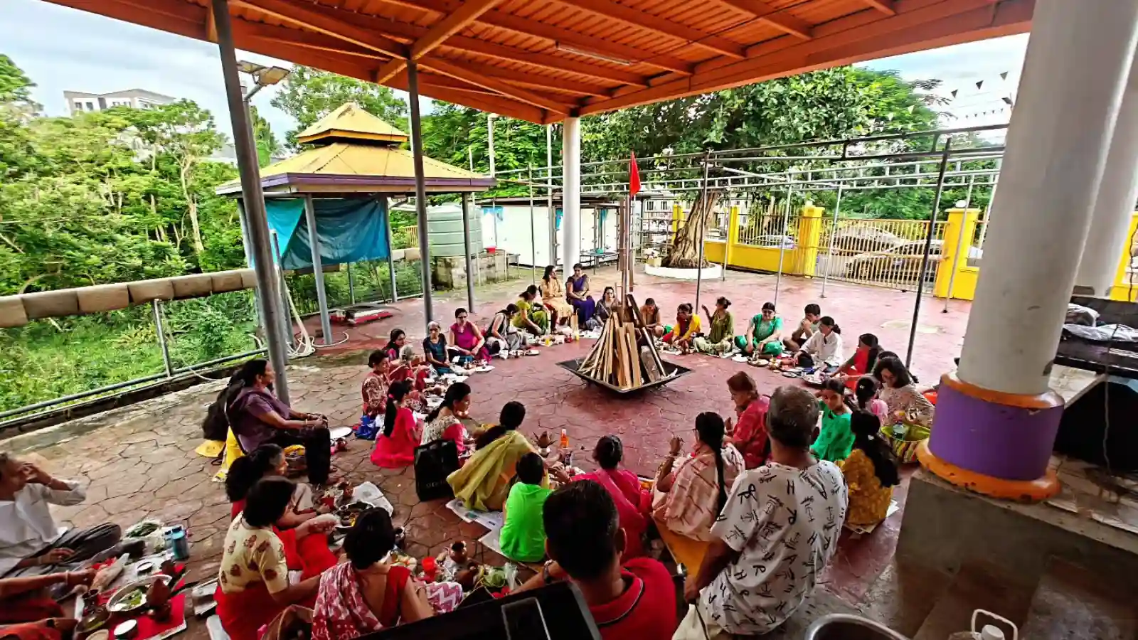 Colorful Hindu temple in central Savusavu, Fiji, featuring traditional Indo-Fijian architecture and vibrant decorative details