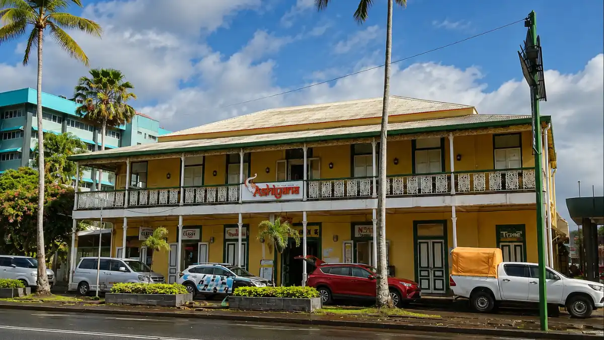 Ashiyana restaurant sign on the Old Town Hall building in central Suva, Fiji.