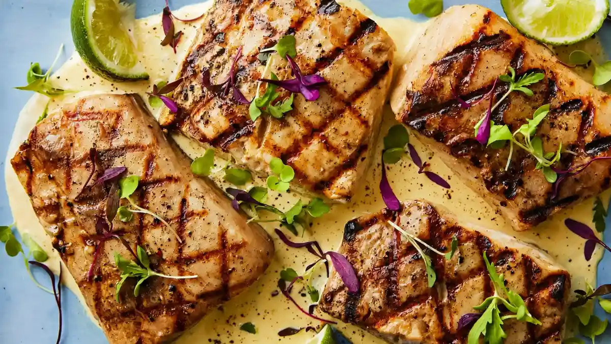 Grilled fish steaks served with lime, herbs and a light sauce
