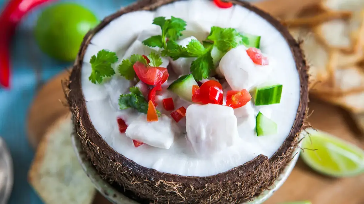 Fijian kokoda made with fresh fish, citrus, coconut and chopped vegetables