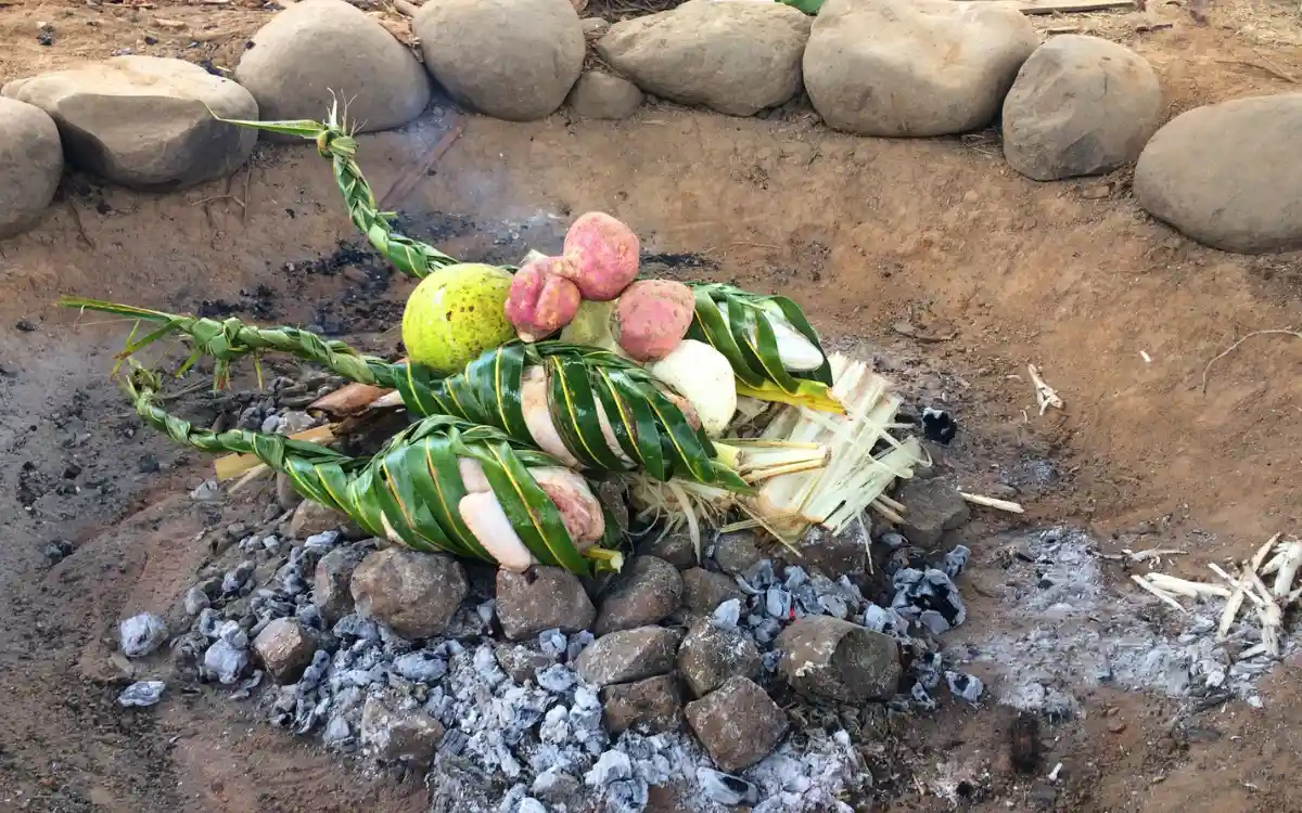 Traditional Fijian lovo underground earth oven being prepared with banana leaves and hot stones