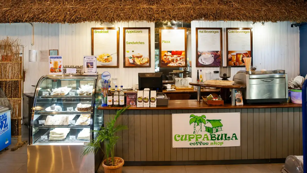 CuppaBula coffee counter and refrigerated food display inside Tappoo Sigatoka