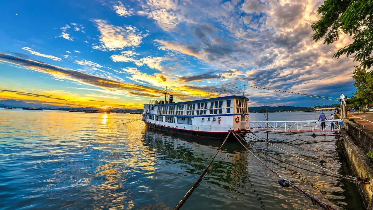 Tiko’s Floating Restaurant moored beside the Suva waterfront at sunset