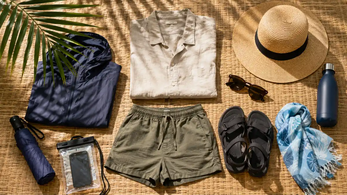 Light tropical clothes, rain jacket, hat, sandals, umbrella and reusable bottle arranged for a Lautoka trip
