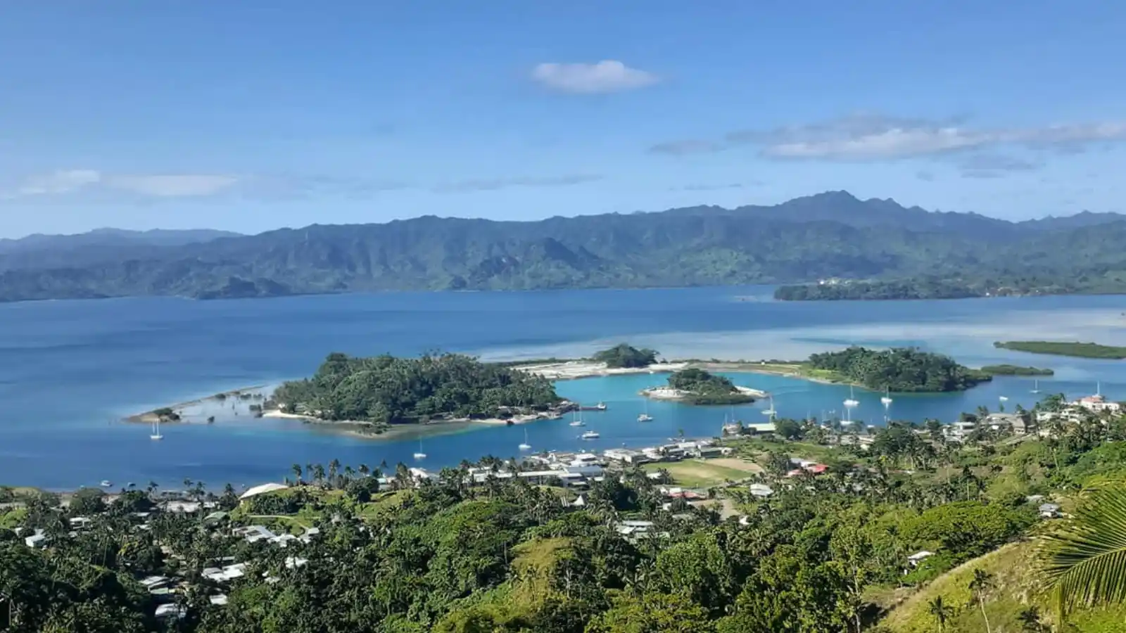 Savusavu Bay panorama during dry season showing clear turquoise waters, coconut palms, and Vanua Levu mountains under blue sky