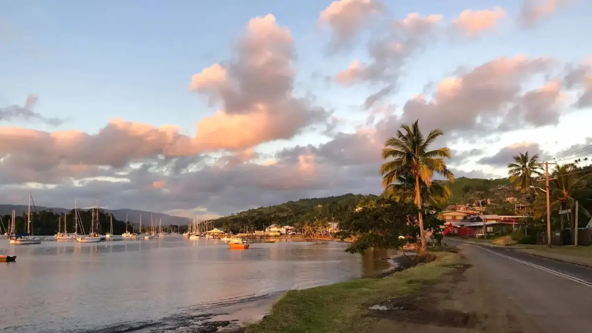 Coastal road beside Savusavu Bay with yachts and palm trees along the waterfront