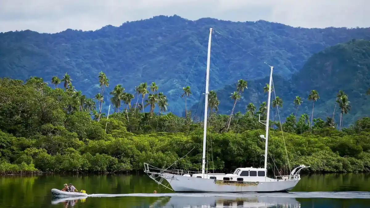 Sailboat on calm Savusavu Bay with rainforest-covered mountains behind it