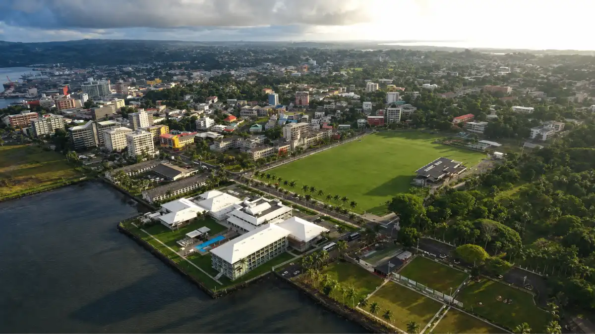 Aerial view of central Suva with waterfront buildings, government buildings and Albert Park
