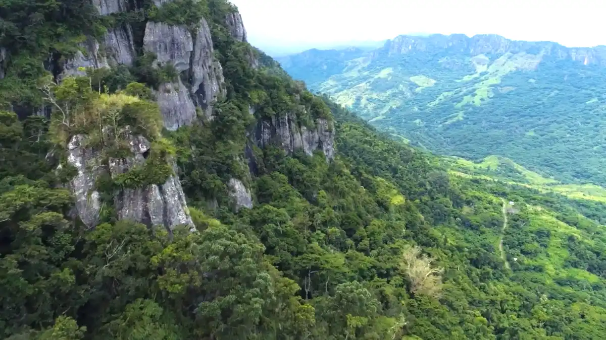 Forested mountain ridges and steep rock faces in the Sabeto Range near Nadi, Fiji
