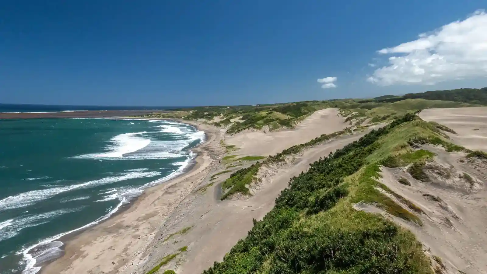 Golden sand dunes at Sigatoka National Park with coastal vegetation and ocean views Fiji