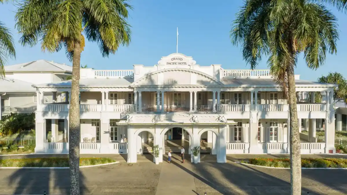Grand Pacific Hotel in Suva, Fiji, with its white colonial-style exterior facing Suva Harbor.