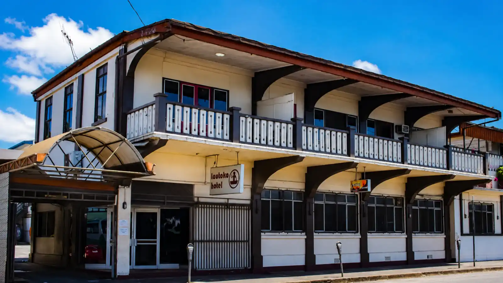 Main entrance and facade of Lautoka Hotel on Naviti Street in central Lautoka, Fiji