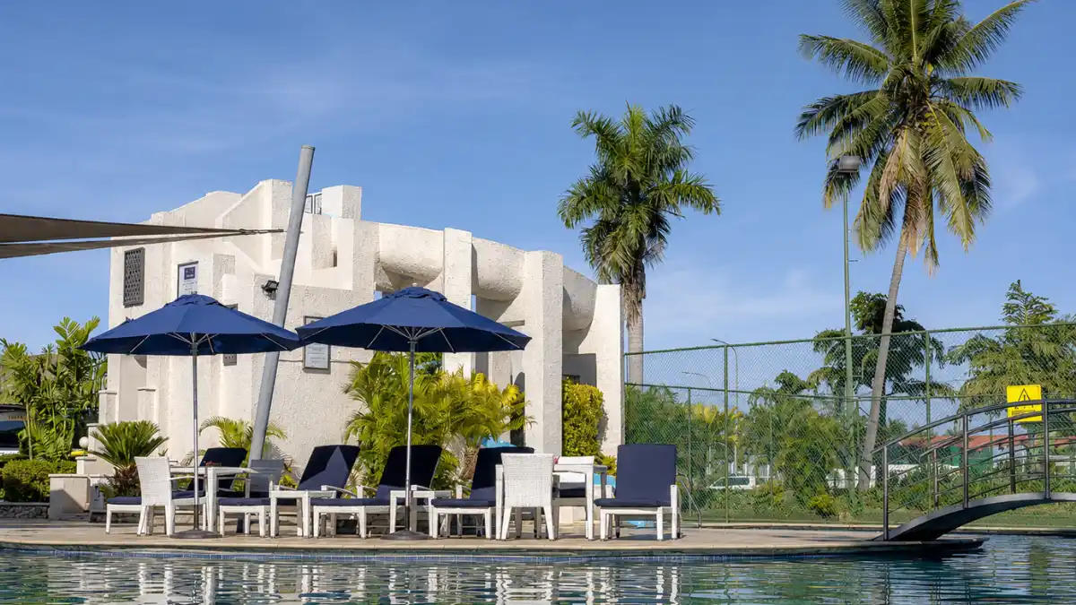 Resort pool and tropical gardens at Fiji Gateway Hotel near Nadi Airport