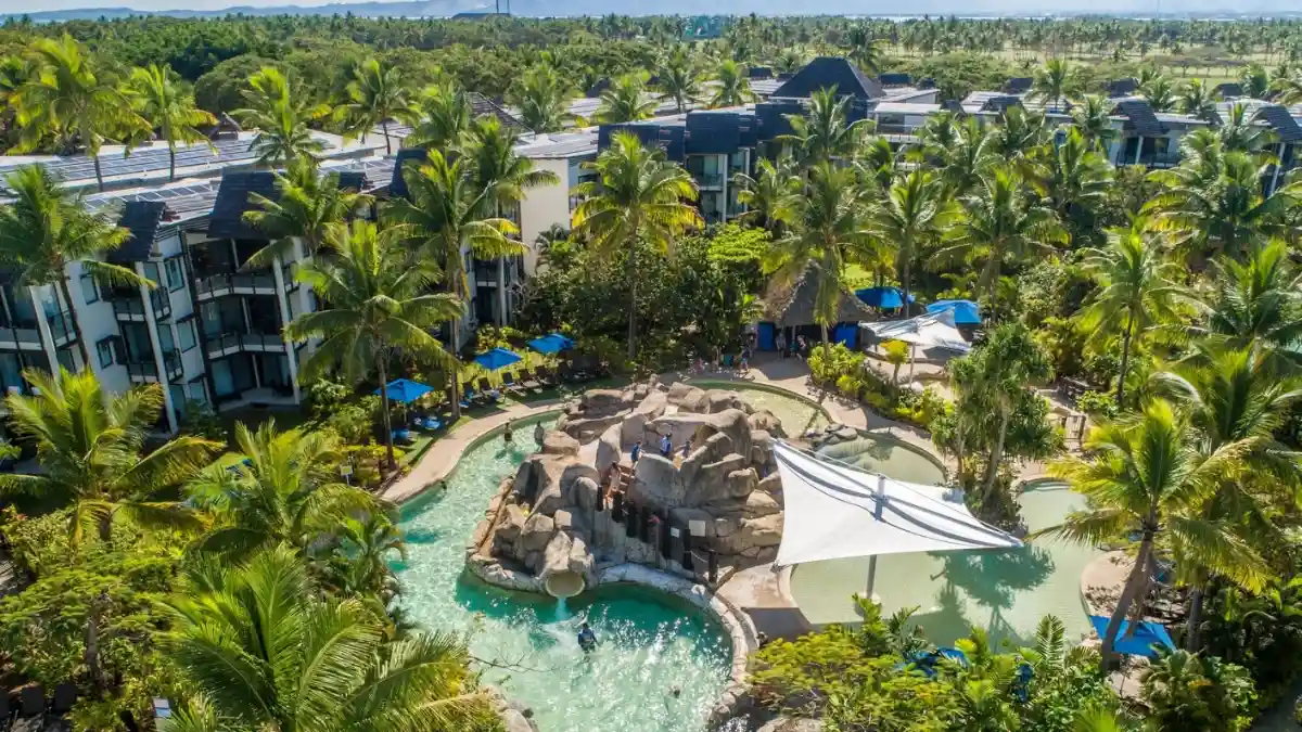 Lagoon pools, water slide and tropical gardens at Radisson Blu Resort Fiji on Denarau Island
