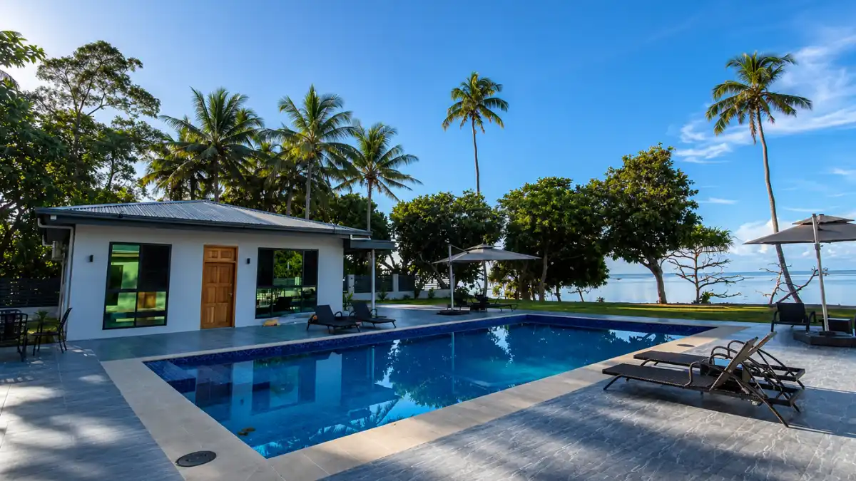 Illustrative ocean-view villa setting on Fiji's Coral Coast.