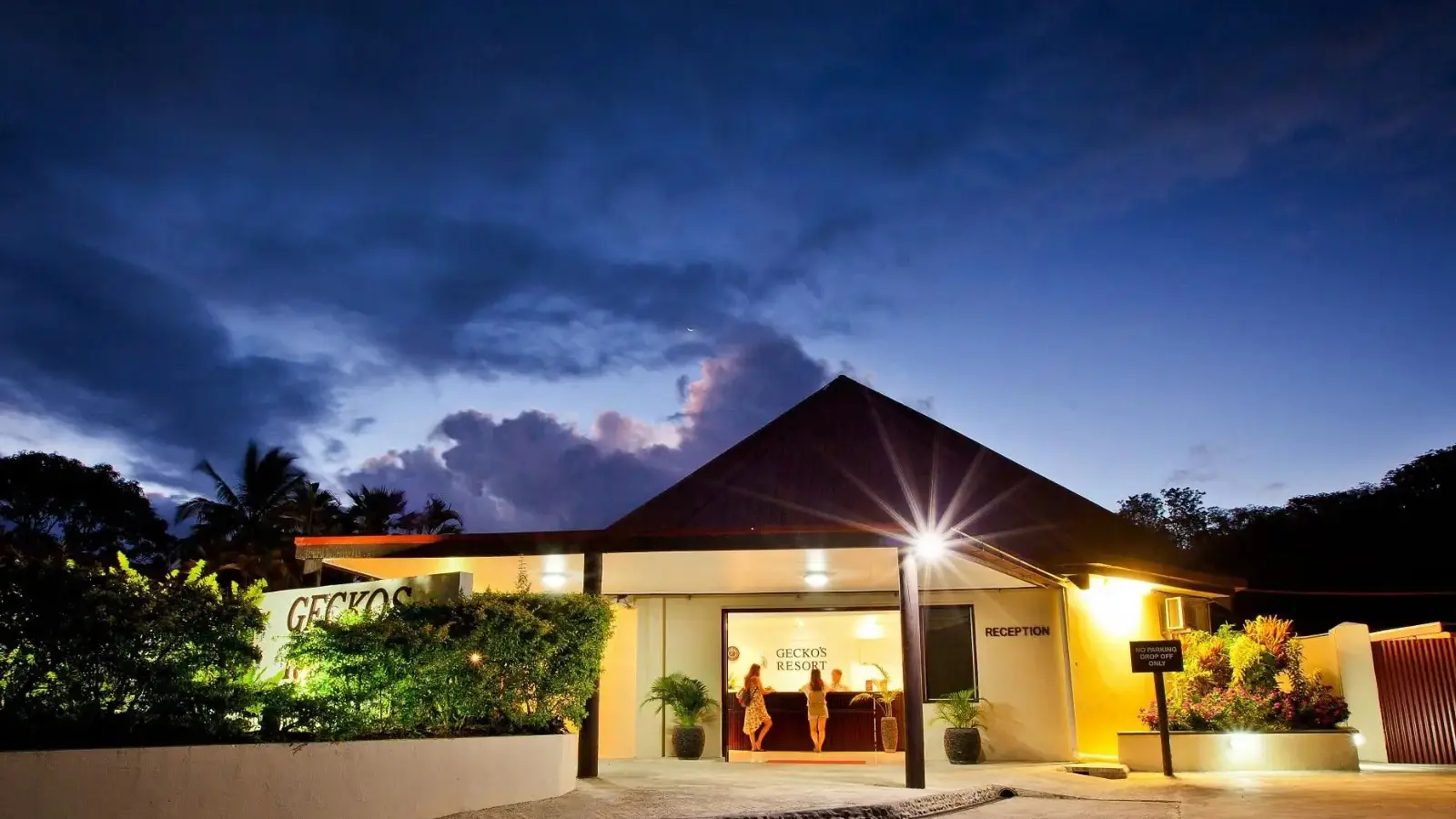 Tropical gardens and studio accommodation at Gecko’s Resort in Cuvu, Fiji.