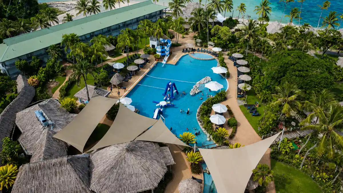 The family pool and spiral water slide at Outrigger Fiji Beach Resort on the Coral Coast.