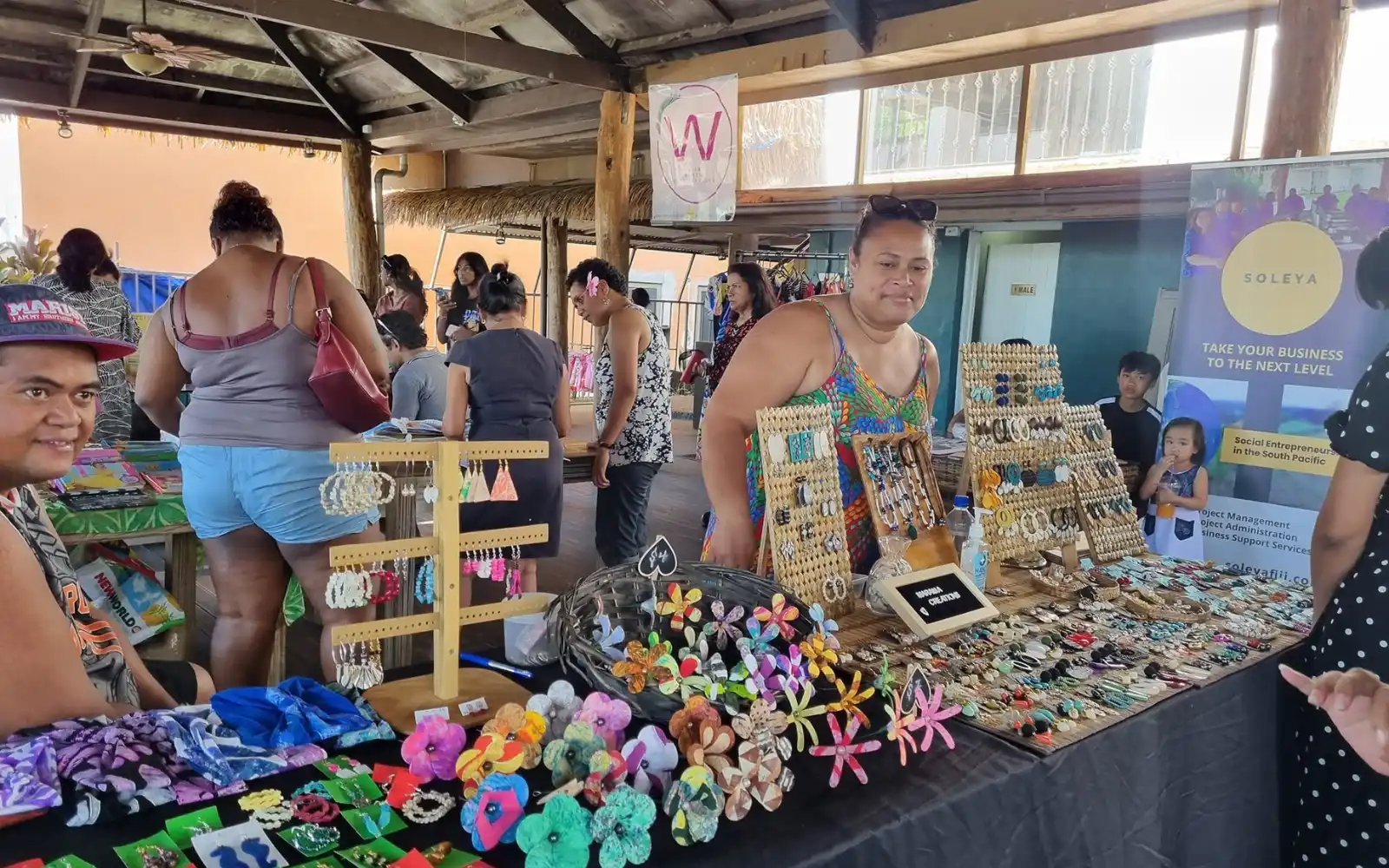 Fijian women showcasing handmade crafts at a local cooperative