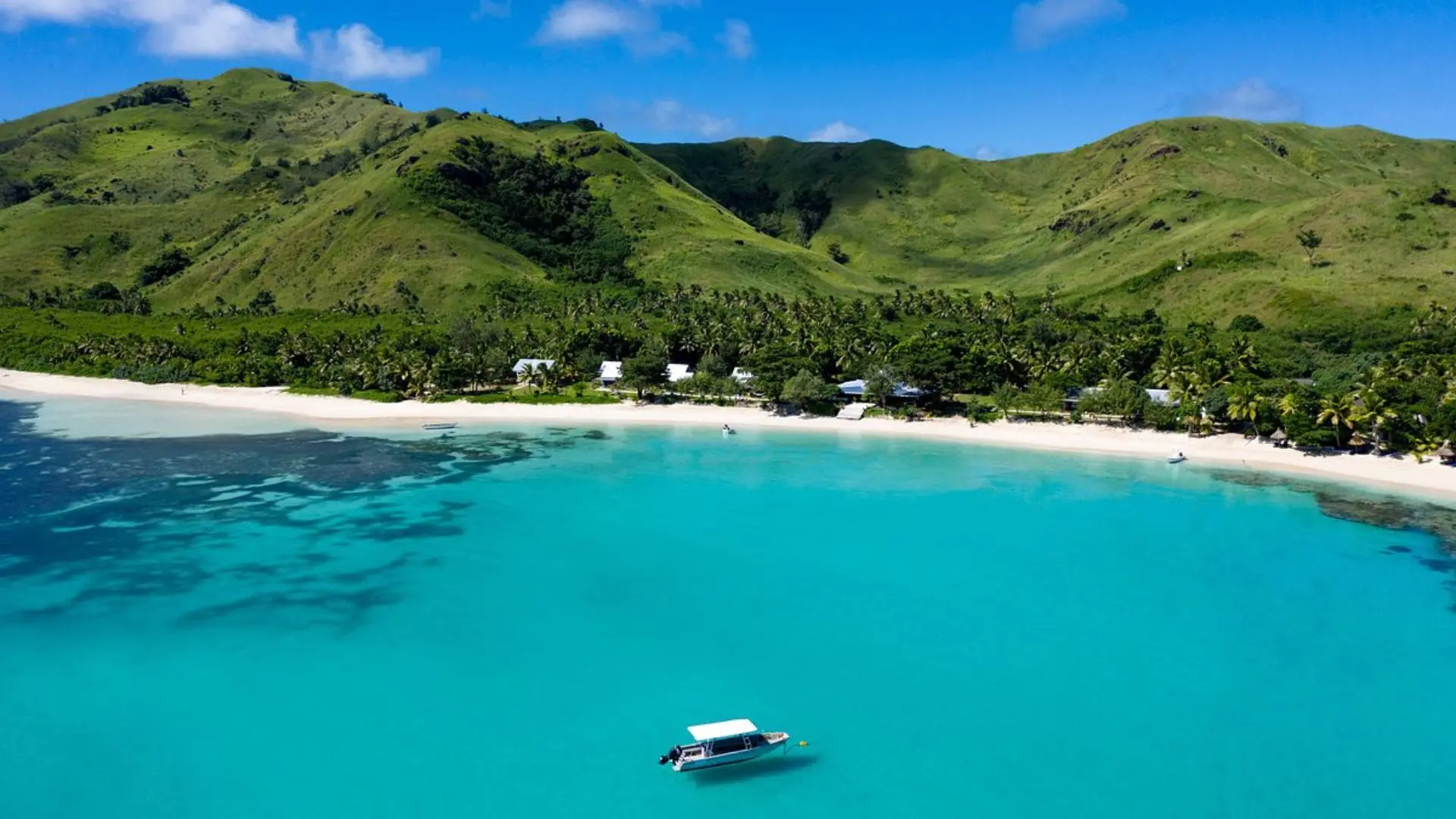 Aerial view of the stunning Blue Lagoon Beach in the Yasawa Islands, Fiji