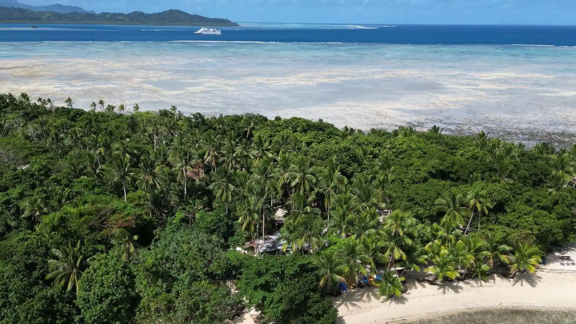 Panoramic view of Leleuvia Island Beach with palm trees and turquoise waters in Fiji