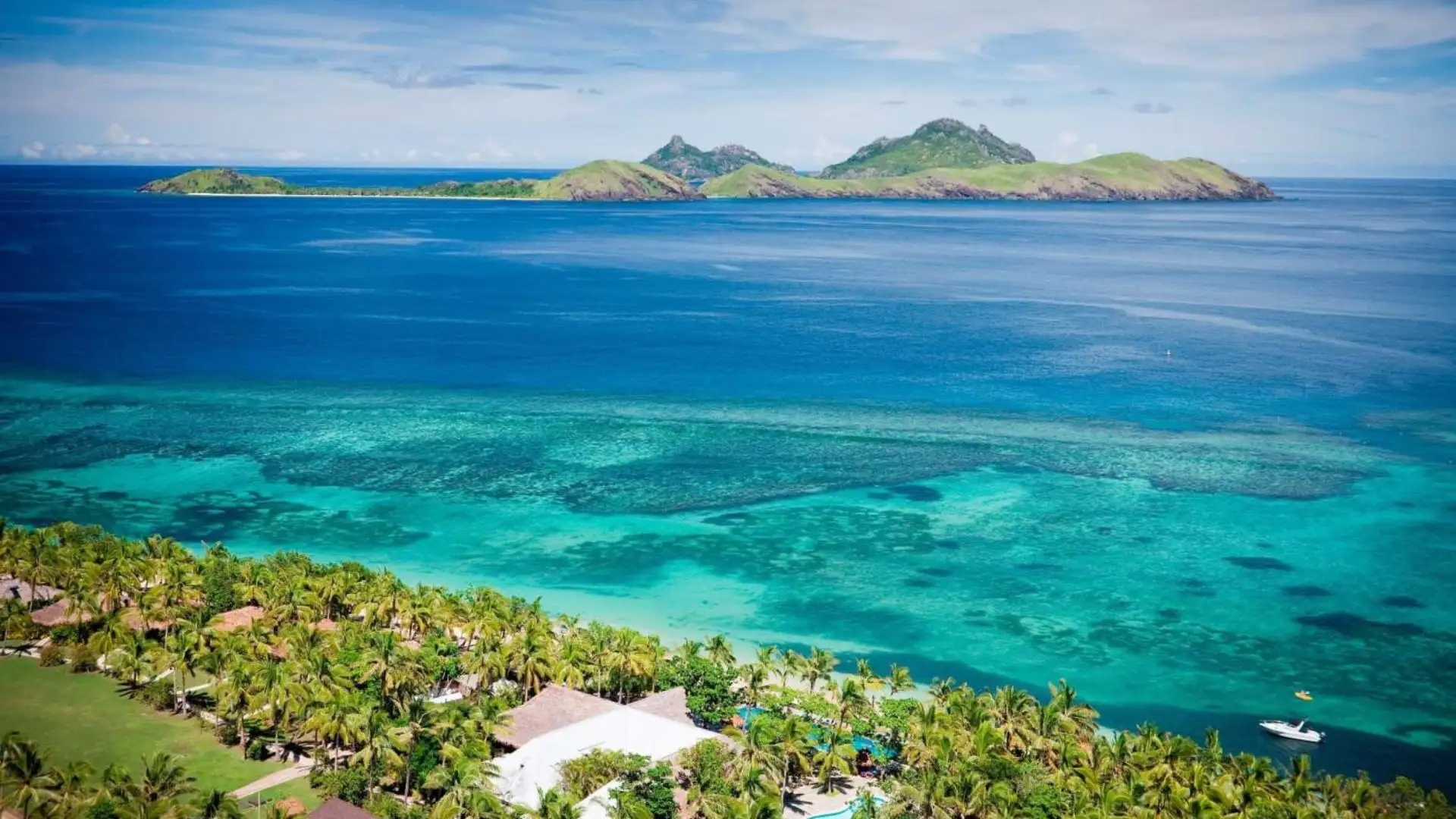Stunning aerial view of Tokoriki Island Beach with its pristine white sands and turquoise waters