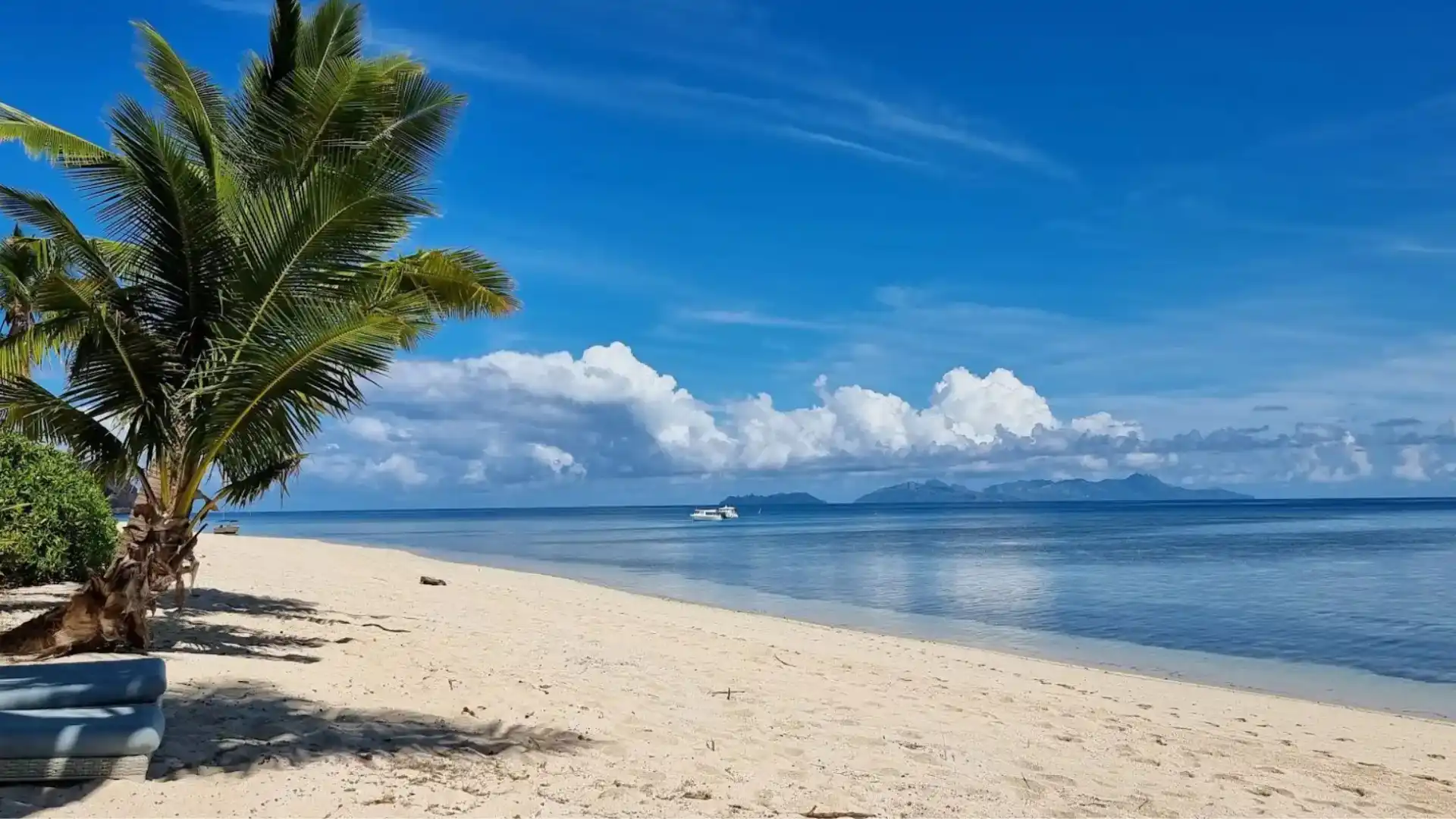 Aerial view of Vomo Island showing its perfect white sand beaches and crystal clear turquoise waters