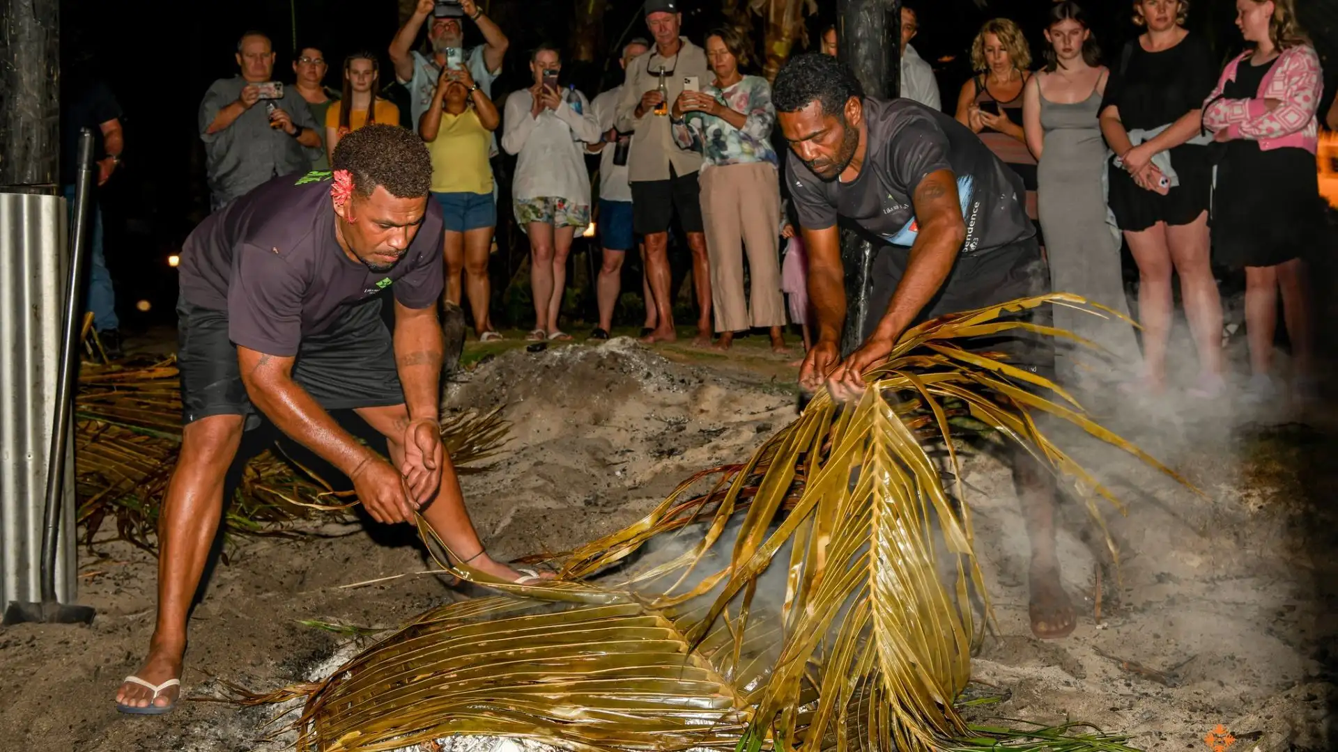 Traditional Bose Levu feast ceremony with community members in traditional dress, Fiji