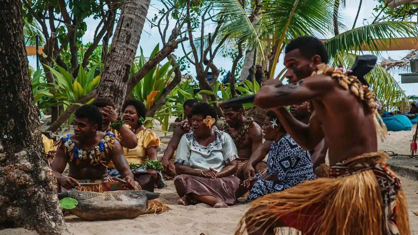 Traditional Fijian Meke dancers performing ancient cultural heritage dance with synchronized movements, traditional drums and vibrant costumes