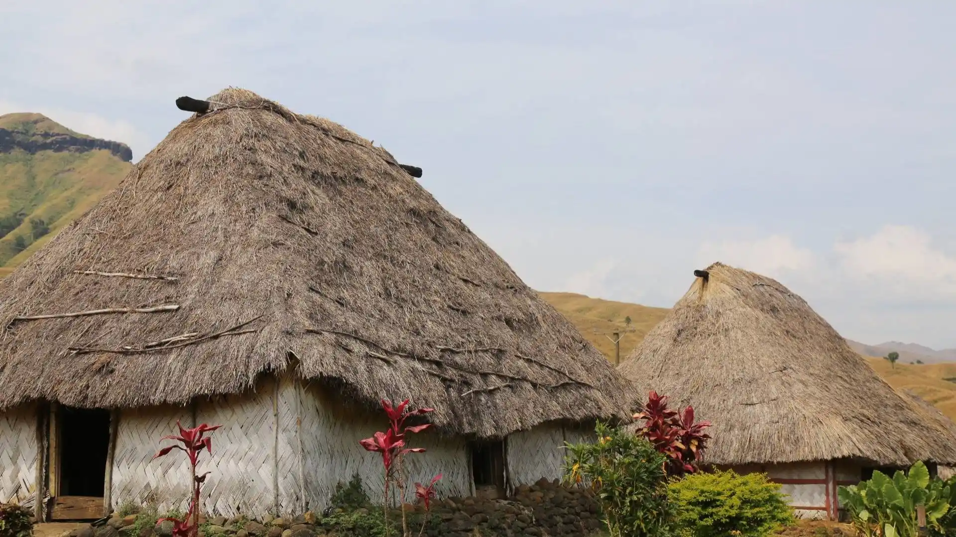 Aerial view of Navala Traditional Village with traditional thatched bure houses scattered across the valley floor