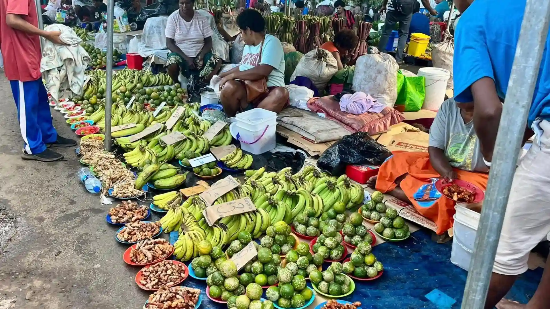 Vibrant Suva Municipal Market with colorful fruits, vegetables and local vendors in Fiji